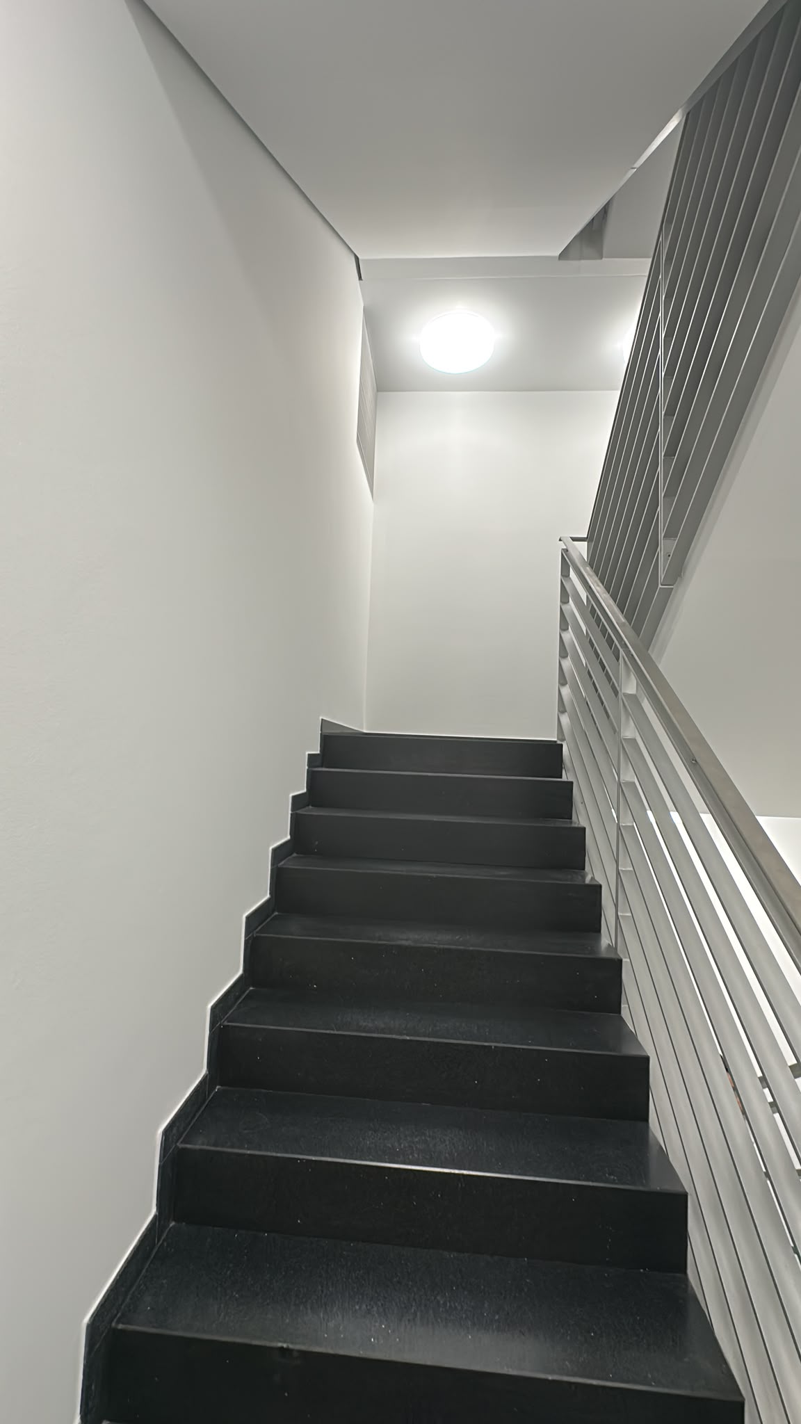 Moderne schwarze Treppe mit Metallgeländer